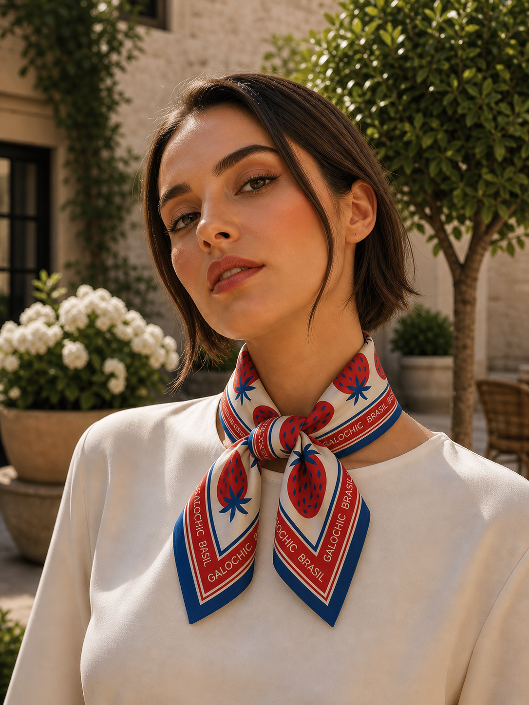Lenço Capri Berry - Seda Gloss Estampa Morango e Azul