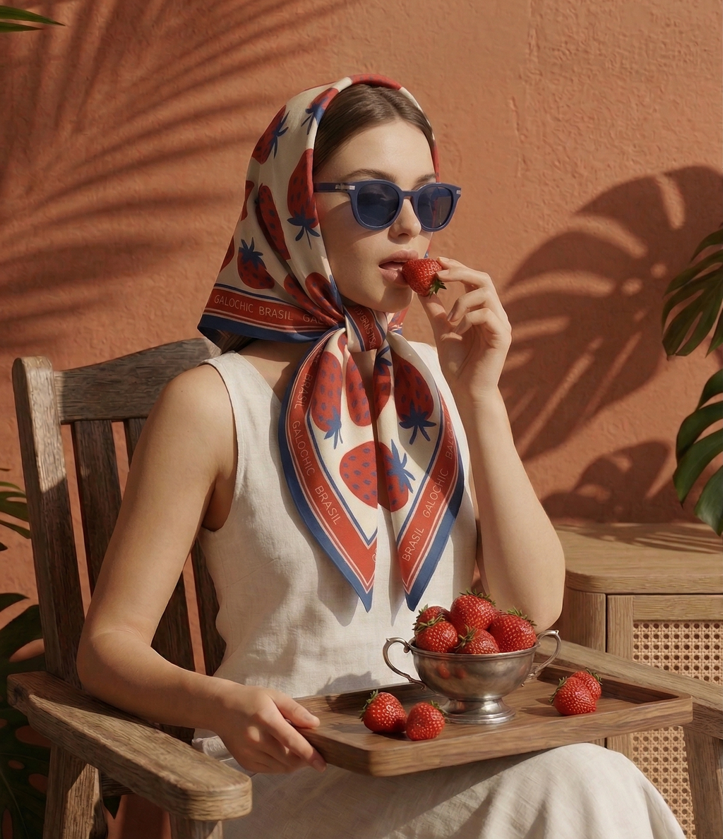 Lenço Capri Berry - Seda Gloss Estampa Morango e Azul
